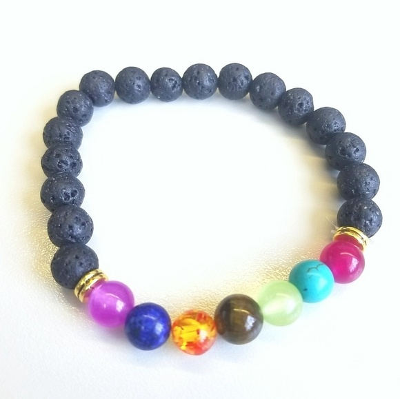 7 Chackra Natural Gem Lava Rock Bracelet - Picture 1 of 6